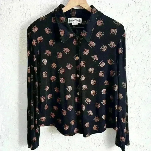Vintage Ronnie‎ Nicole long sleeve elephant print button up blouse size 14 - Picture 1 of 15
